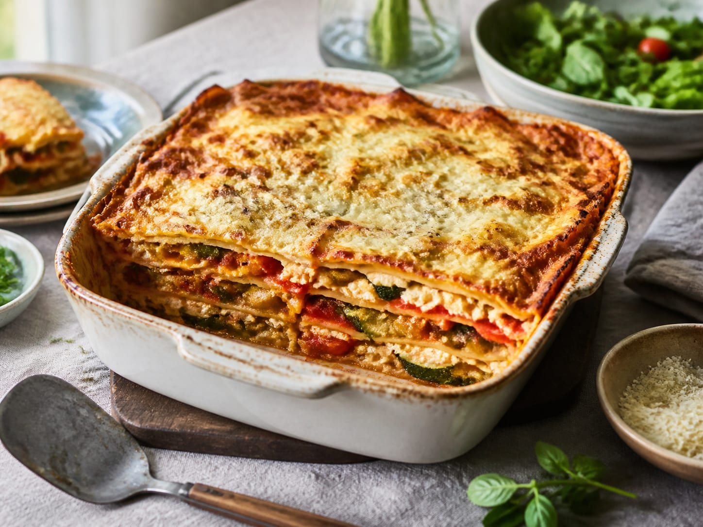 Gemüse-Lasagne, plated for serving