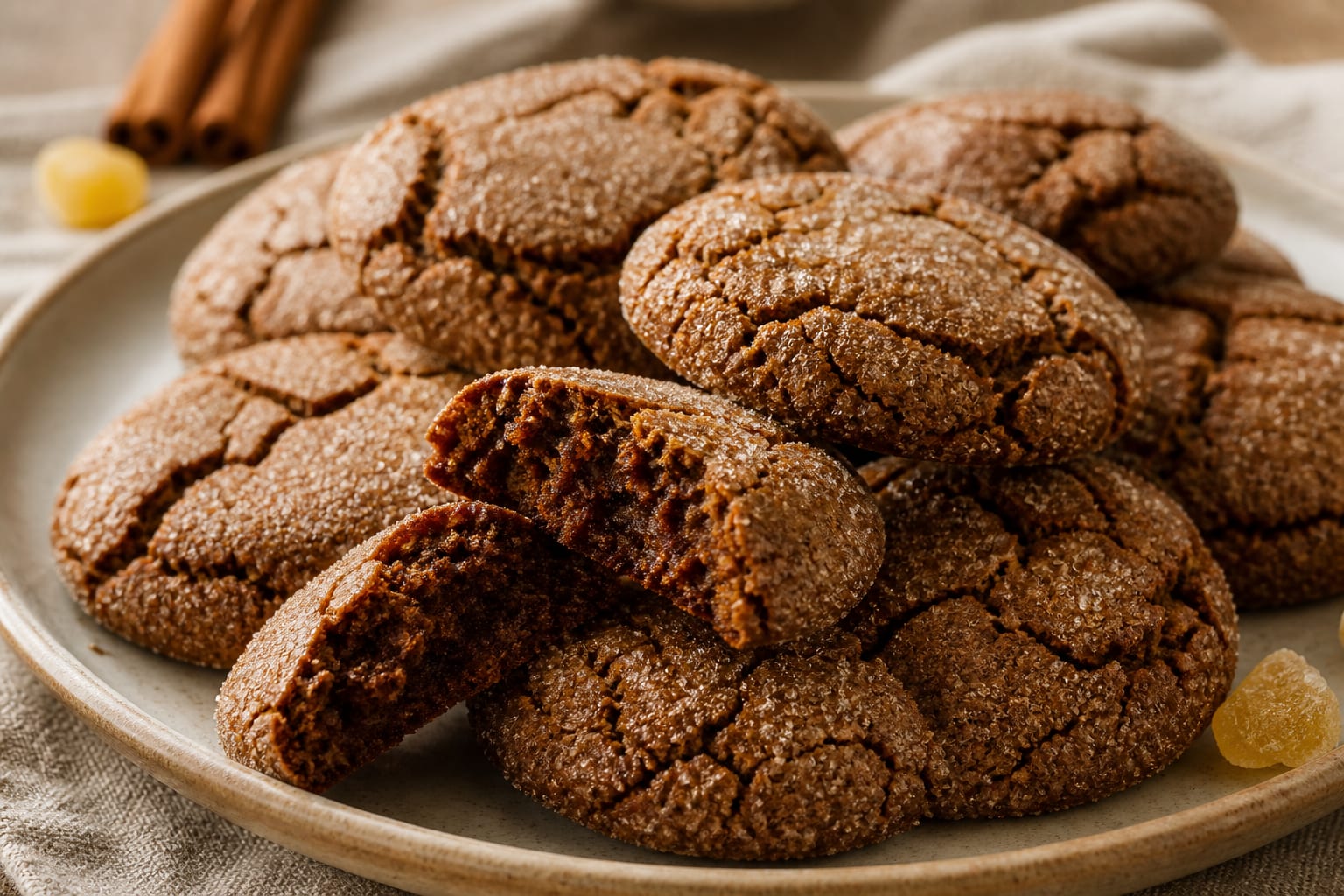Ginger molasses crinkle cookies arranged for serving