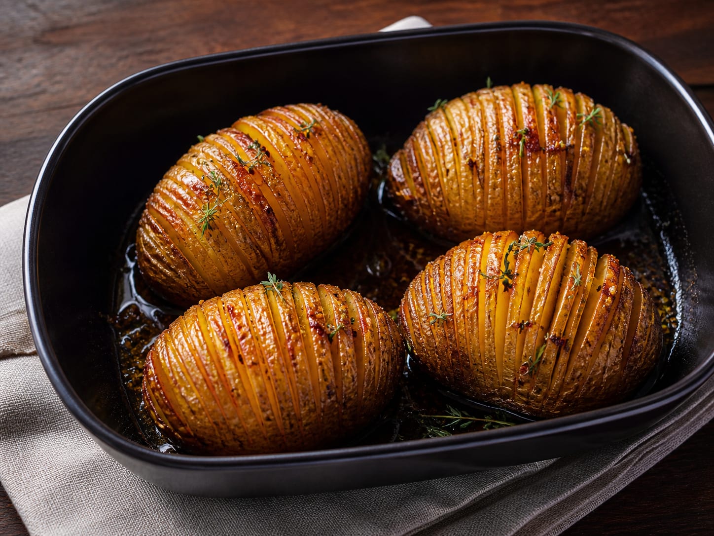 Deeply golden Hasselback potatoes fanned open under a glossy stock glaze with chives