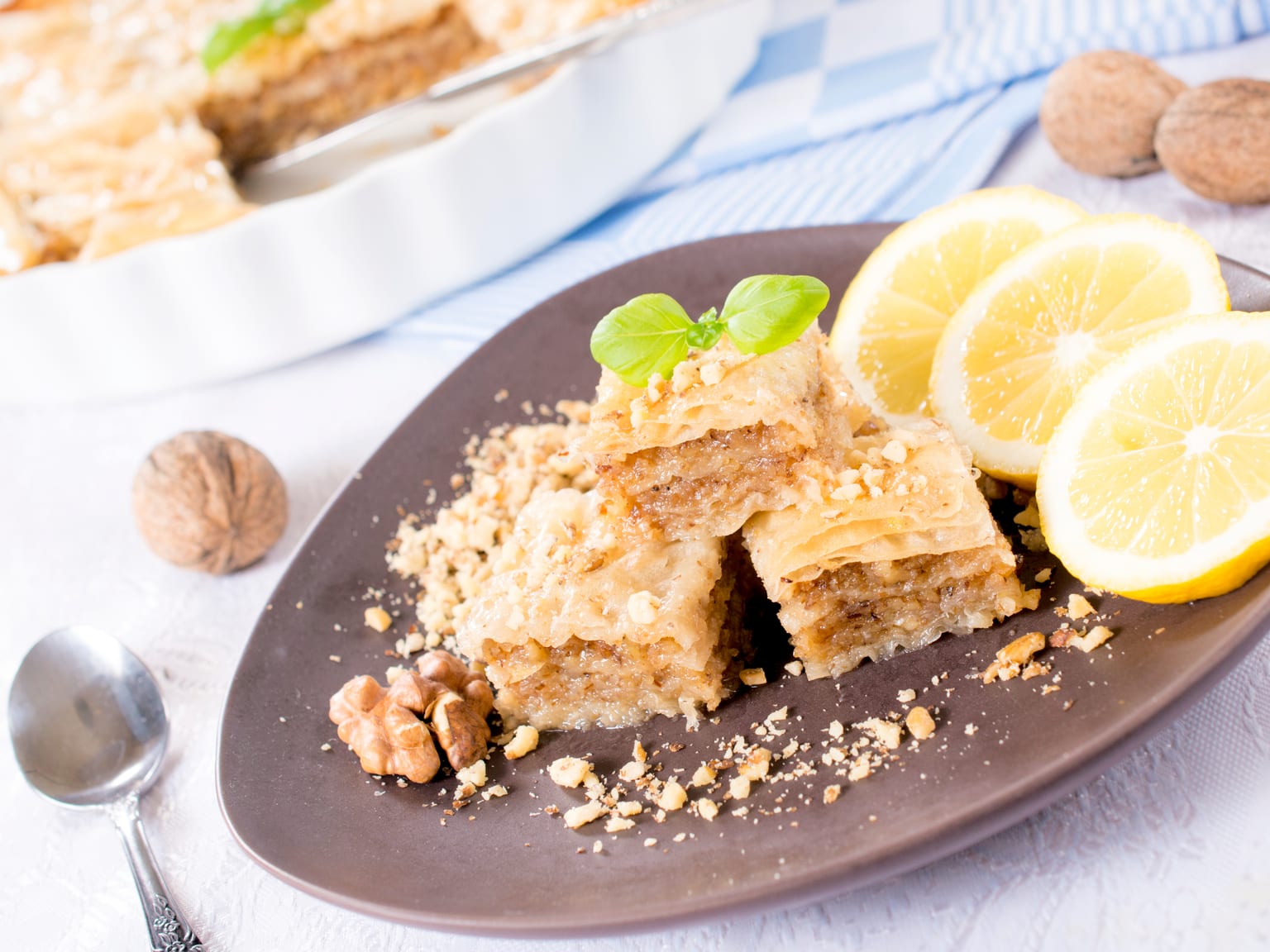 Greek walnut baklava served as a natural-light editorial food photograph