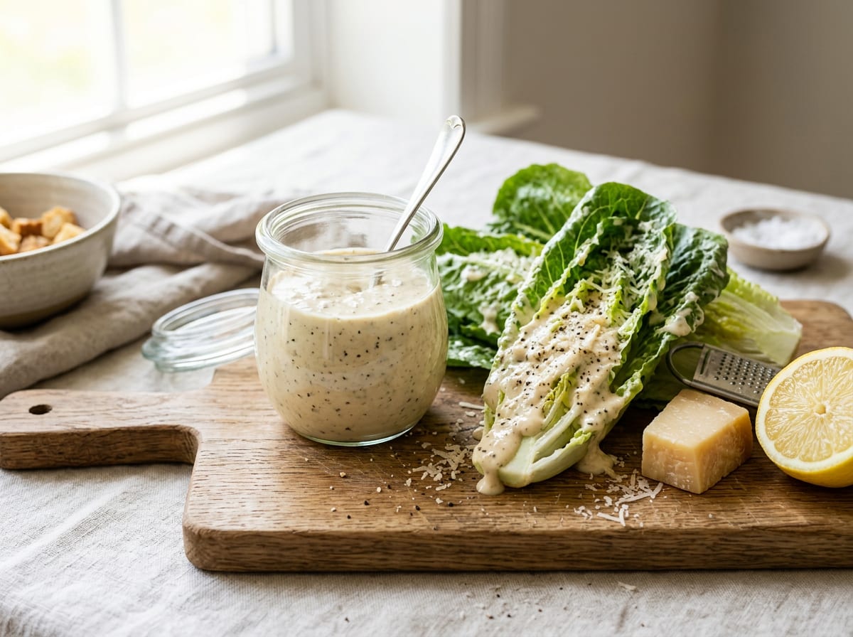 A jar of thick pale caesar dressing beside romaine leaves heavily coated in it, with a wedge of parmesan and a lemon half
