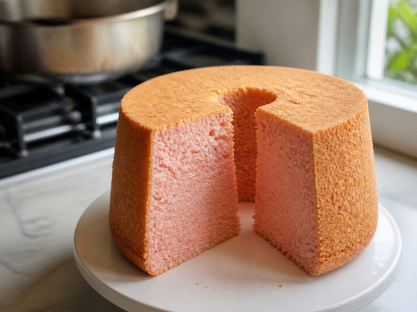 A tall pale pink guava chiffon cake unmolded from a tube pan, drizzled with guava glaze and sliced to show its airy crumb