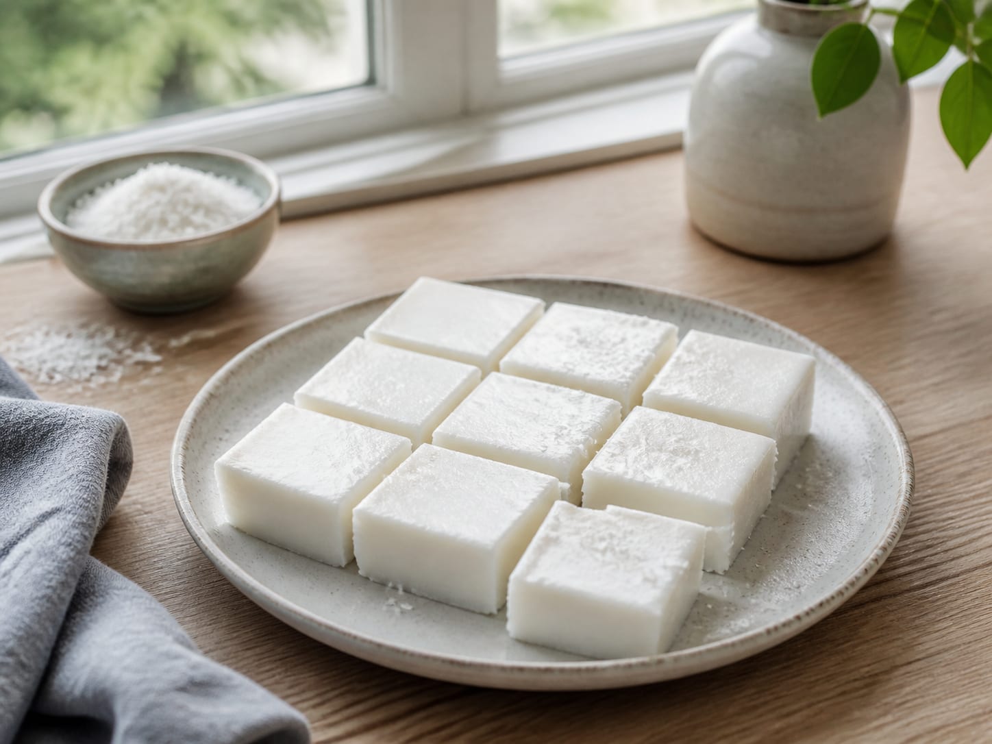 Sixteen glossy white haupia squares cut clean on a board, showing a smooth, firm coconut pudding interior