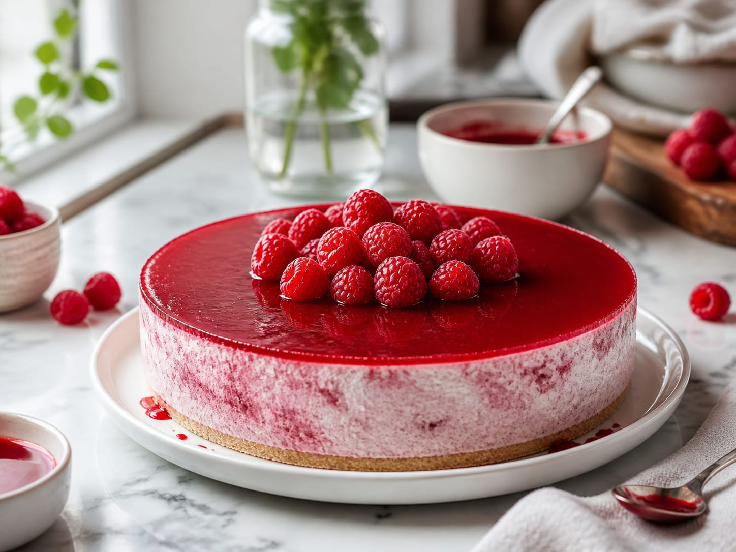 Himbeer-Frischkäse-Torte, plated for serving