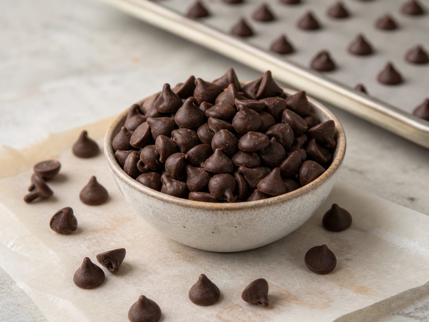 Homemade dark chocolate chips arranged on parchment