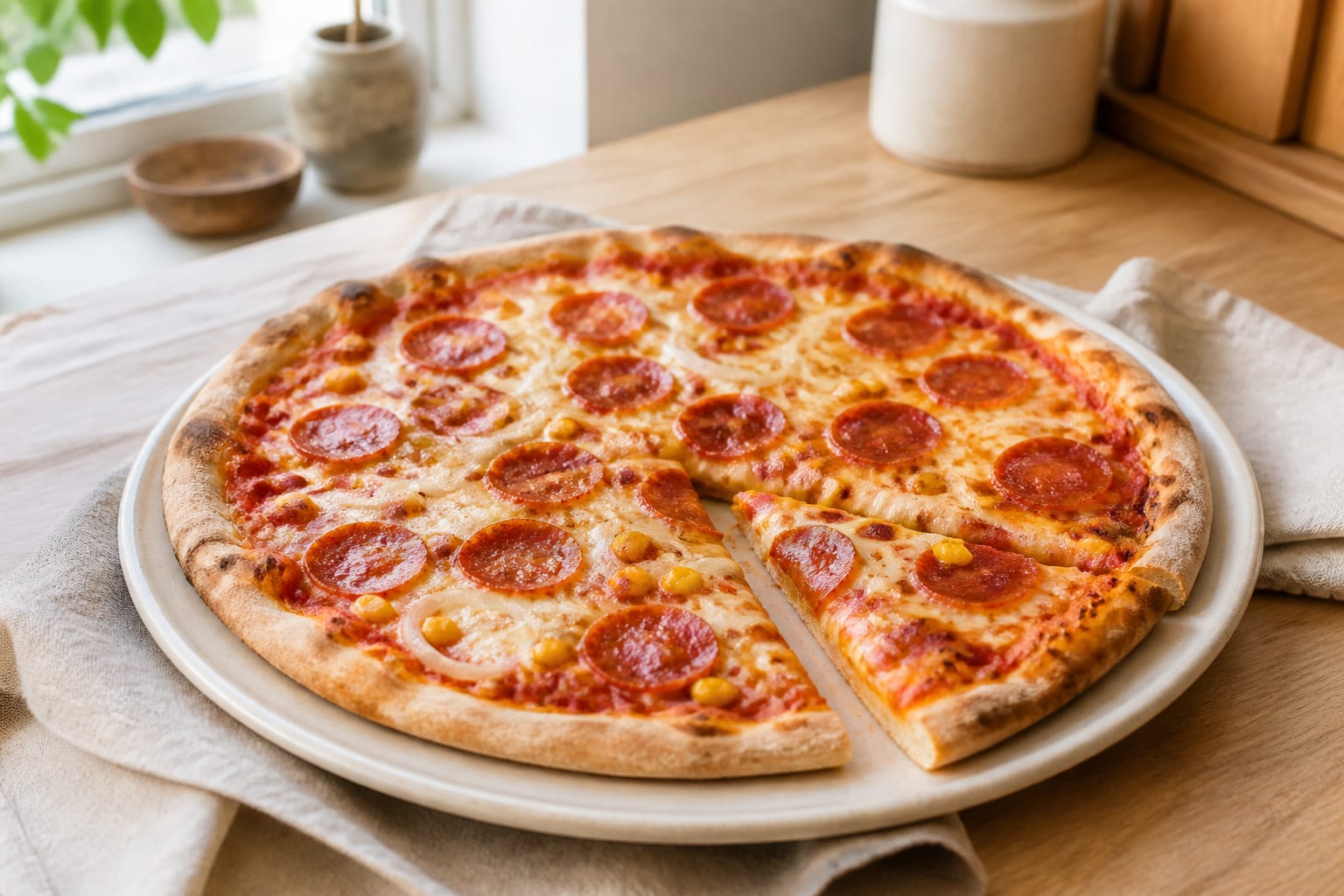 Homemade mozzarella and pepperoni pizza served as a natural-light editorial food photograph