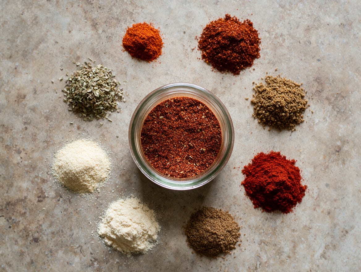 A small glass jar and spoon filled with a uniform brick-red Tex-Mex seasoning blend, with cumin, paprika, oregano, and dried chile nearby