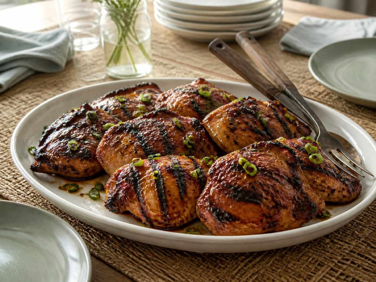 Bone-in chicken thighs glazed deep mahogany-brown on a charcoal grill, glossy with pineapple soy glaze and charred at the edges
