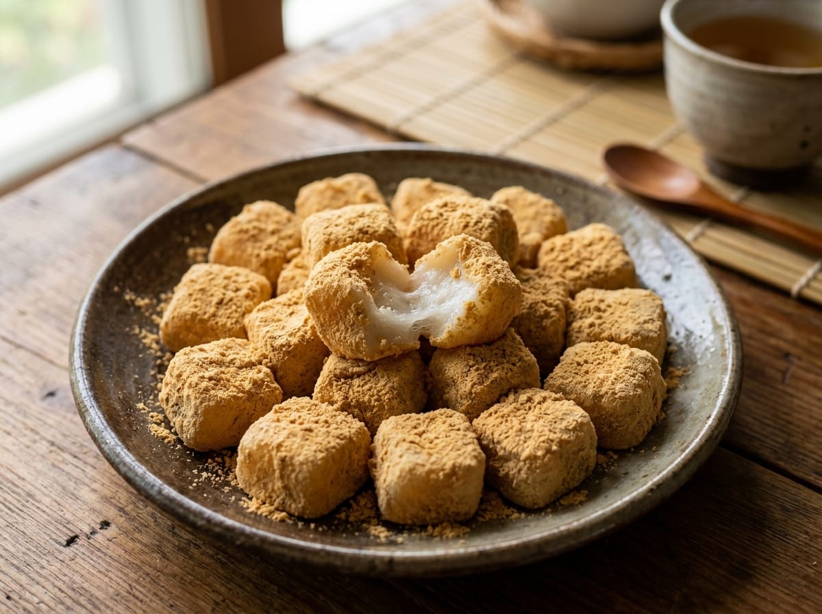 Bite-sized injeolmi rice cake pieces coated in roasted soybean powder, cut into cubes and piled on a plate with the toasted konggaru dusting visible on each piece