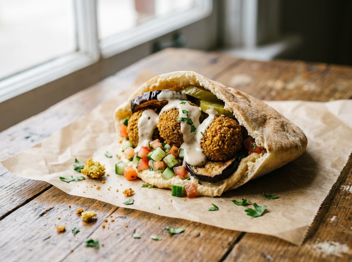A warm pita packed with falafel, hummus, diced Israeli salad, fried eggplant, pickles and tahini sauce