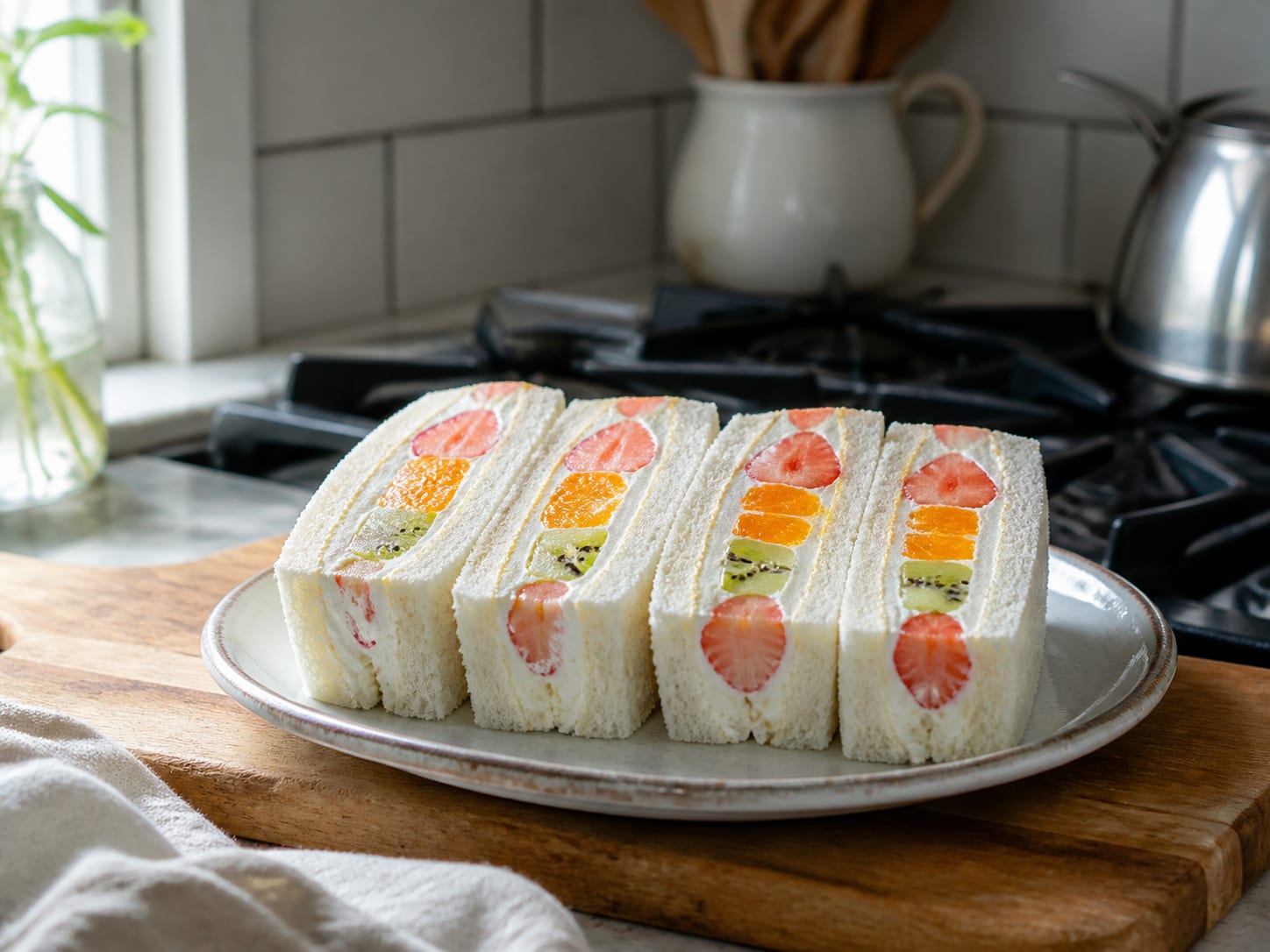 A cut cross-section of a Japanese fruit sando showing whipped cream and strawberry slices between two pieces of crustless white bread, on a small plate