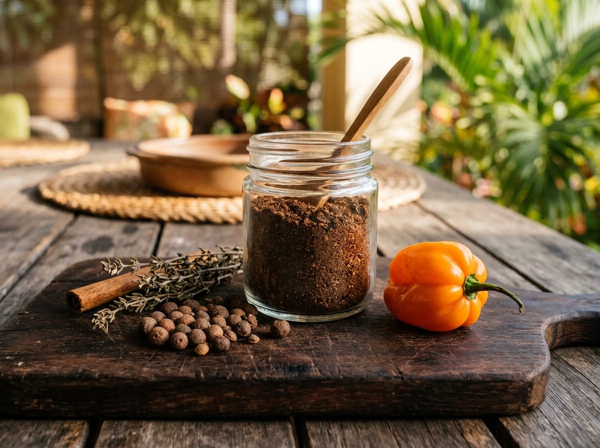 A jar of dark brown jerk rub beside whole allspice berries, dried thyme, a cinnamon stick and a scotch bonnet chilli on a dark board