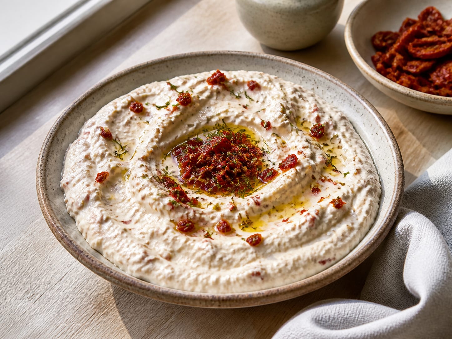Joghurt-Käsecreme mit getrockneten Tomaten - Kuru Domatesli Haydari, plated for serving