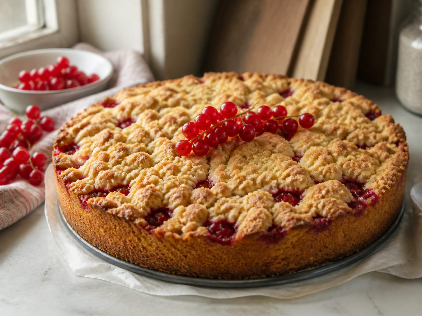 Johannisbeer-Streusel-Kuchen, plated for serving