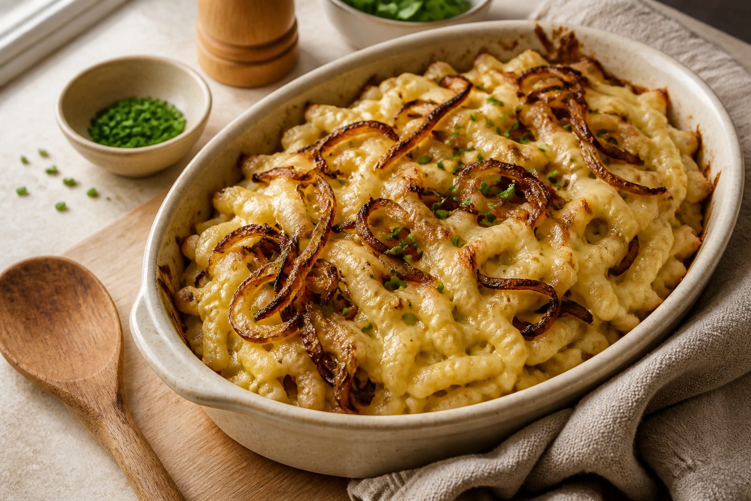 Käse Spätzle in a shallow cream baking dish, melted cheese and deeply browned onions on top, chives scattered over