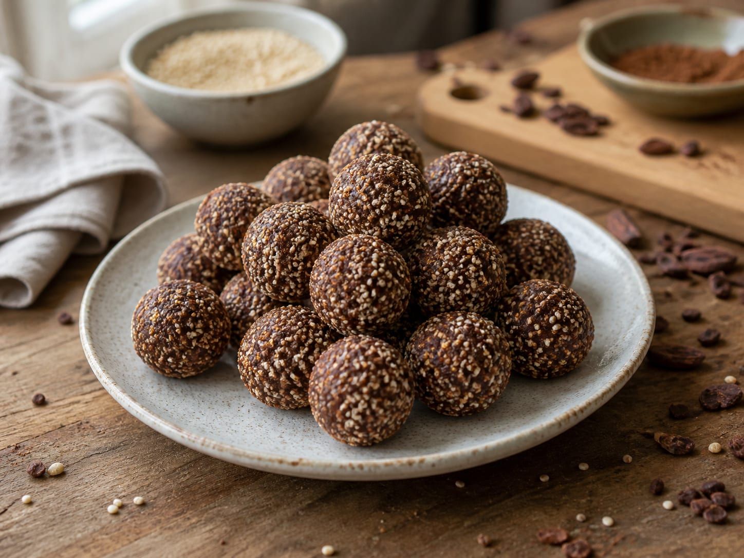 Kakao-Amaranth-Kugeln, plated for serving