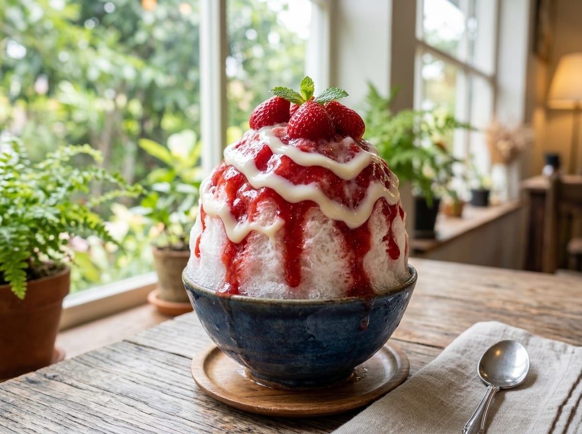 A bowl piled high with fine, snow-white shaved ice, drizzled with pink strawberry syrup and condensed milk, topped with fresh strawberry halves