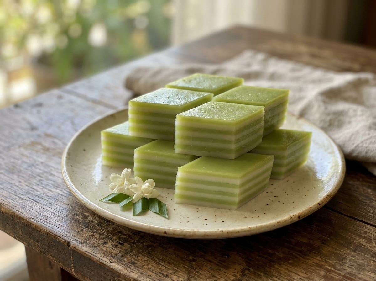 A stack of pale jade-green and white striped khanom chan cut into diamonds on a white plate, the nine thin steamed layers visible in cross-section