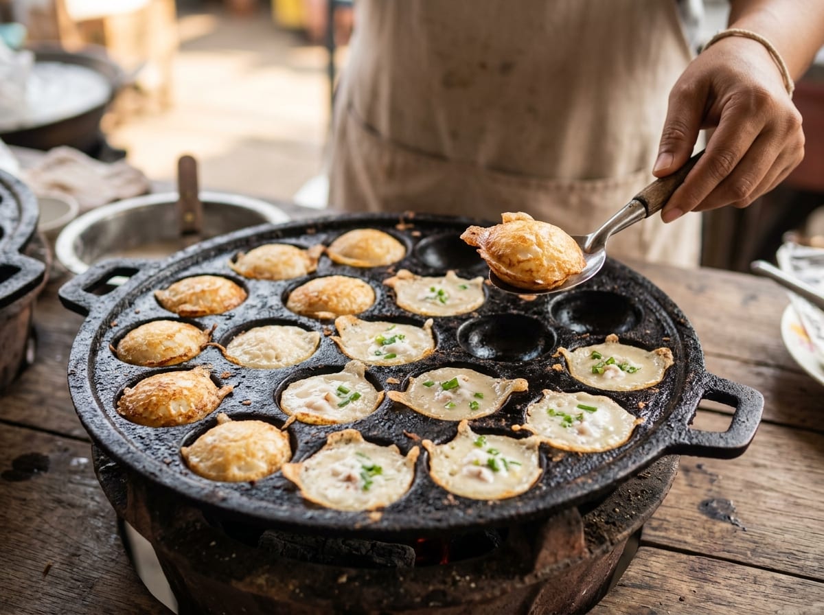 A cast-iron pan of khanom krok, thin crisp shells filled with soft coconut custard and scattered with sliced scallions