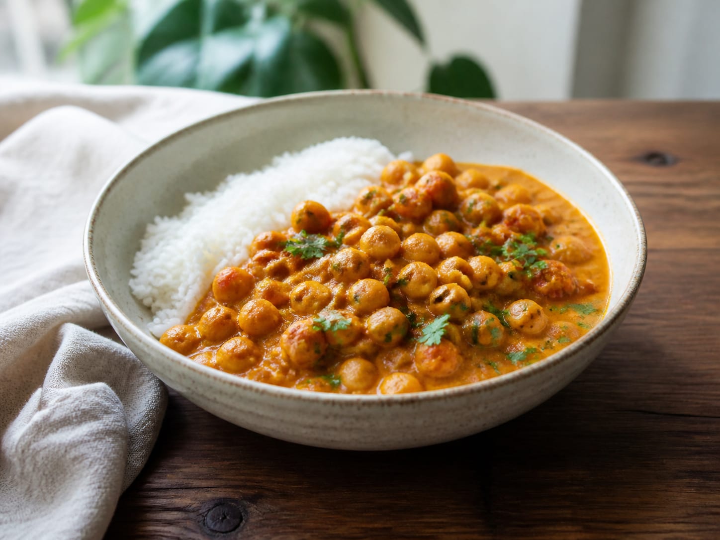 Kichererbsen-Kokos-Curry, plated for serving