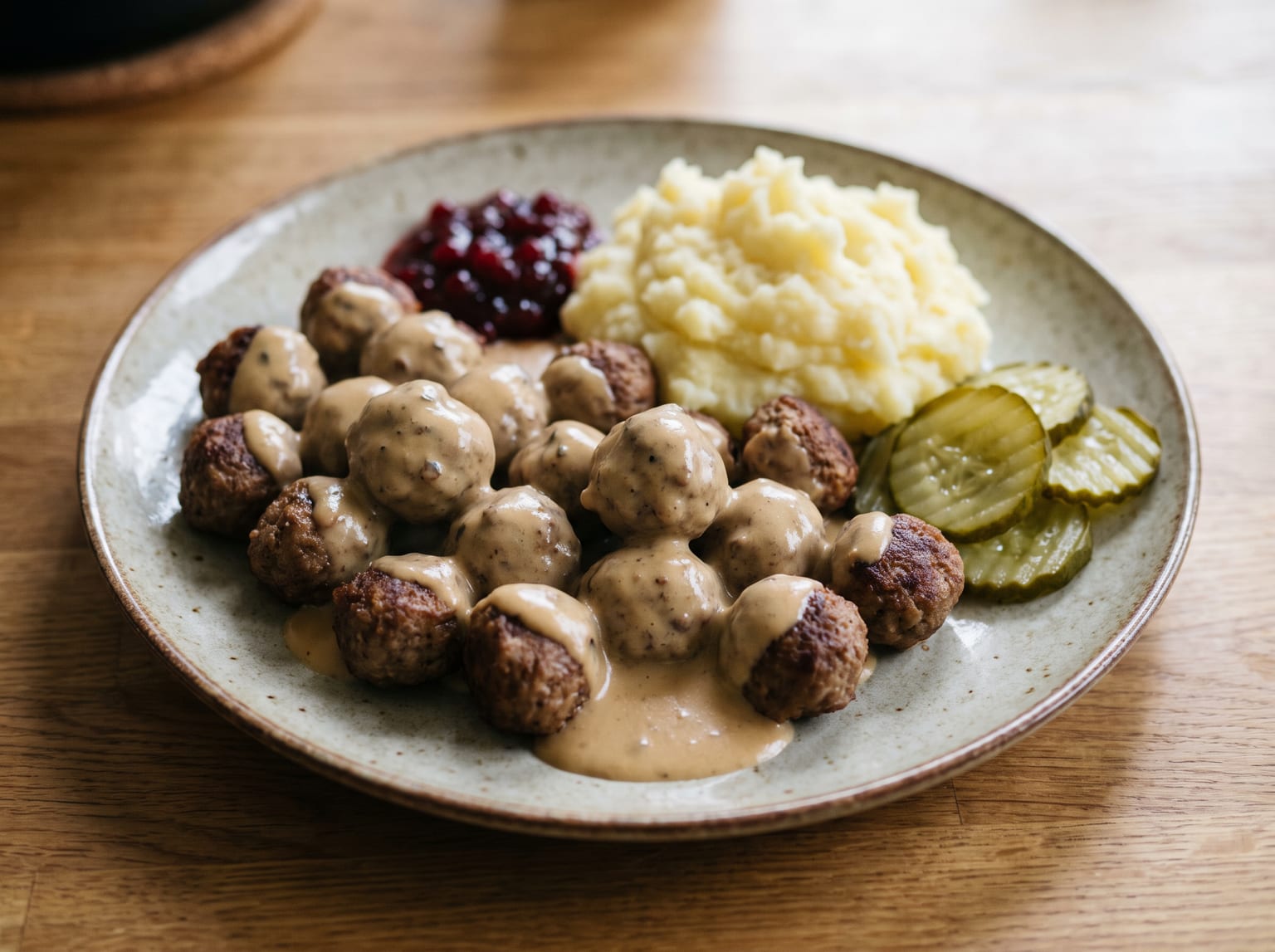 Small browned Swedish beef meatballs in pale creamy gravy on a plate with mashed potato, lingonberry jam and pickled cucumber