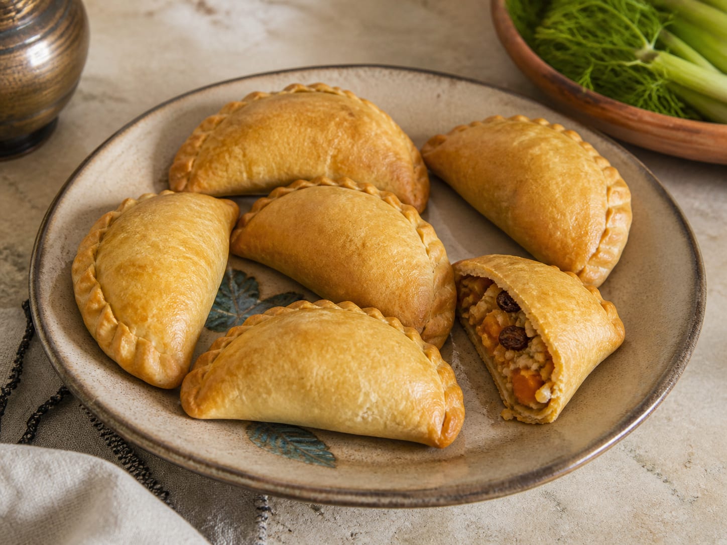 Kolokotés: Cypriot pumpkin, bulgur, and raisin pies served as a natural-light editorial food photograph
