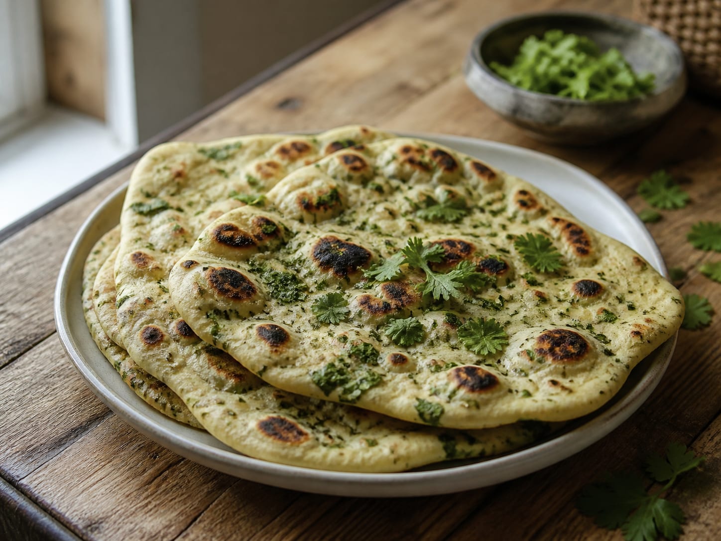 Koriander-Naan, plated for serving