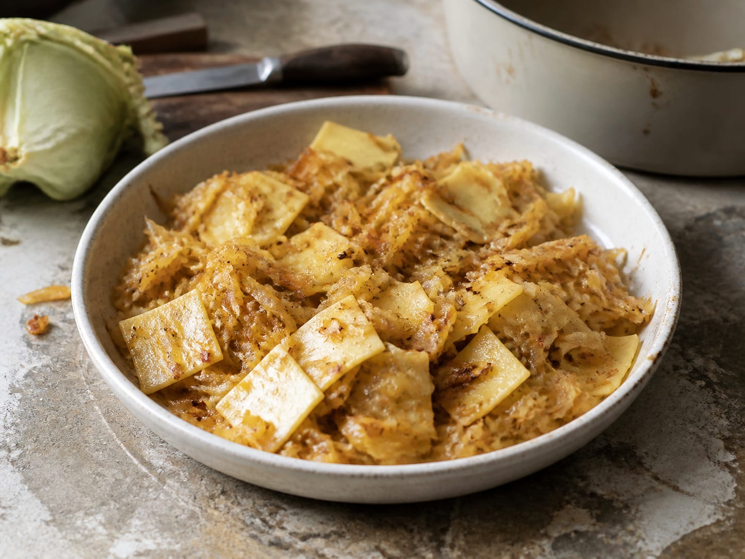 Krautfleckerl, plated for serving