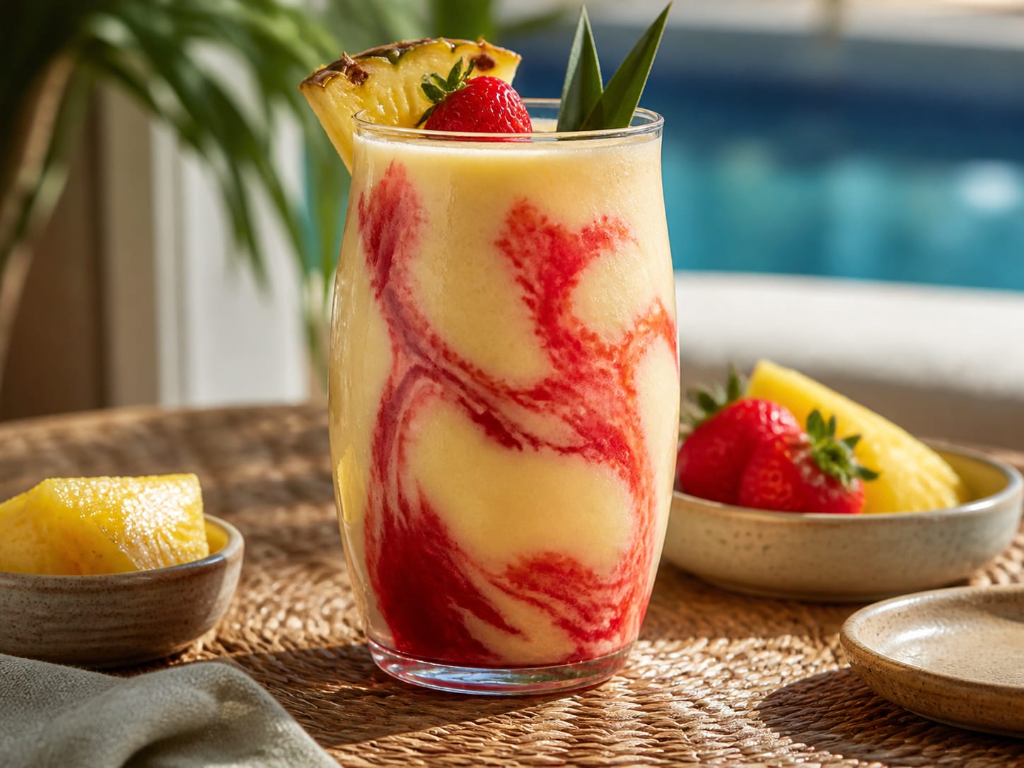 A hurricane glass of blended piña colada with a bright red strawberry purée swirled through it in a lava-like pattern
