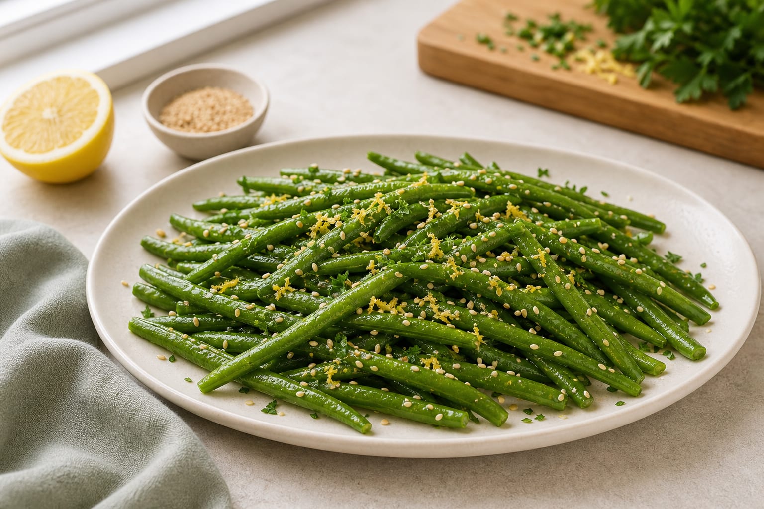 Bright green beans on a cream plate with lemon zest, chopped herbs, and toasted sesame seeds