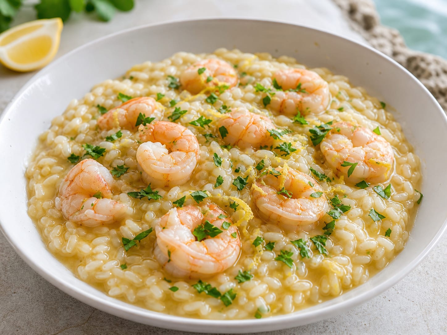 Glossy lemon risotto with tender pink shrimp, parsley, and fine lemon zest