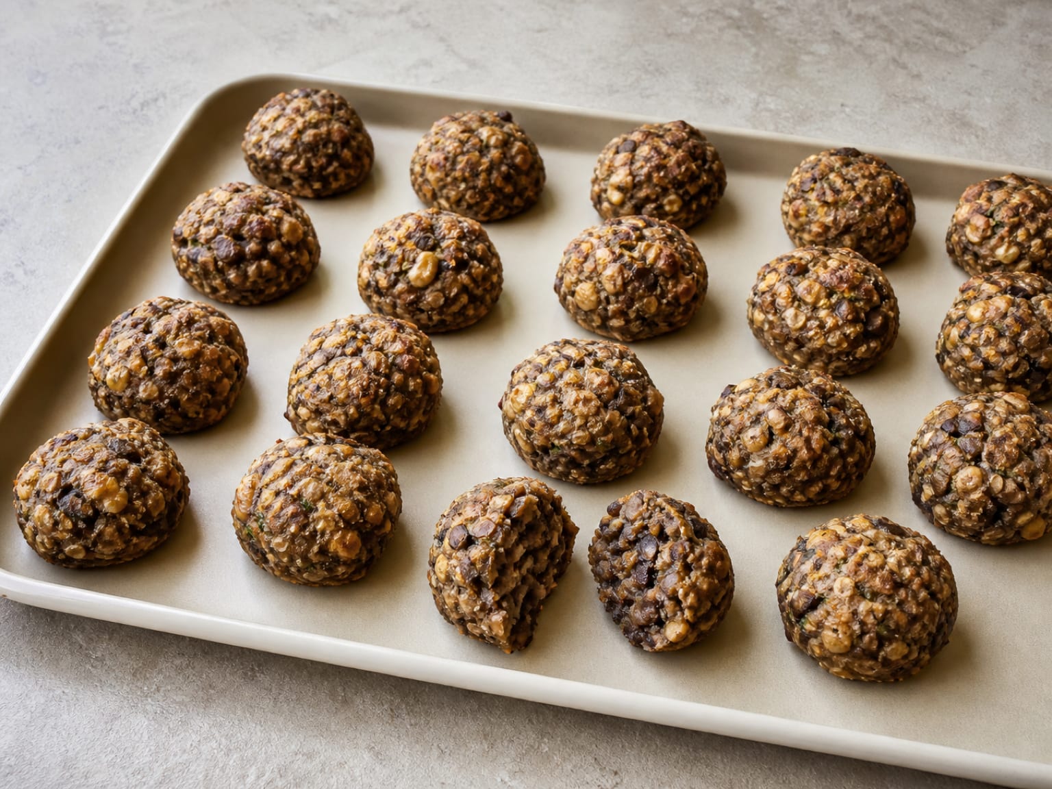 Twenty small browned lentil, walnut, and mushroom bites with visible herb and oat texture on a plain tray