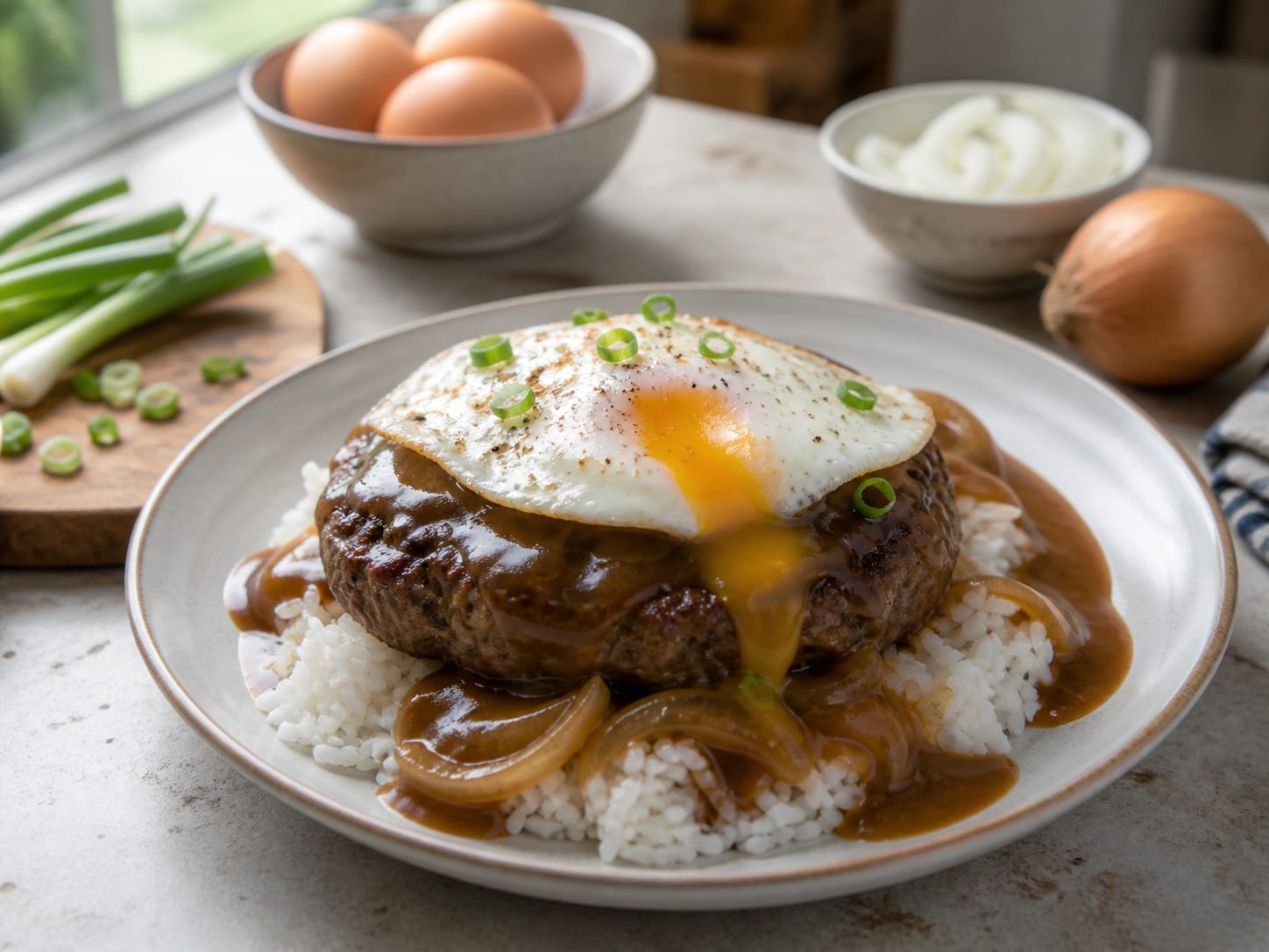 A bowl of white rice topped with a seared beef patty, brown gravy, and a fried egg with a runny yolk