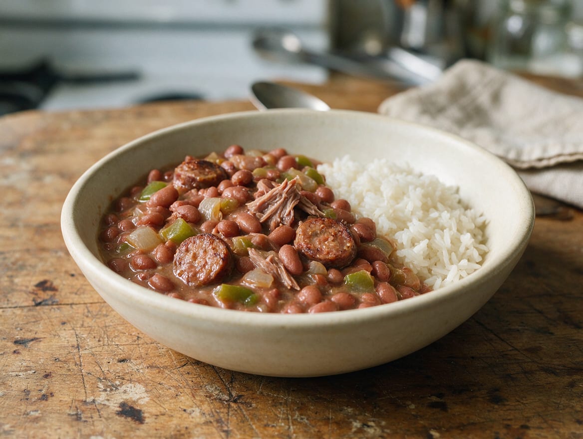Creamy red-bean gravy with intact and mashed beans, andouille coins, scallions, and a modest mound of white rice