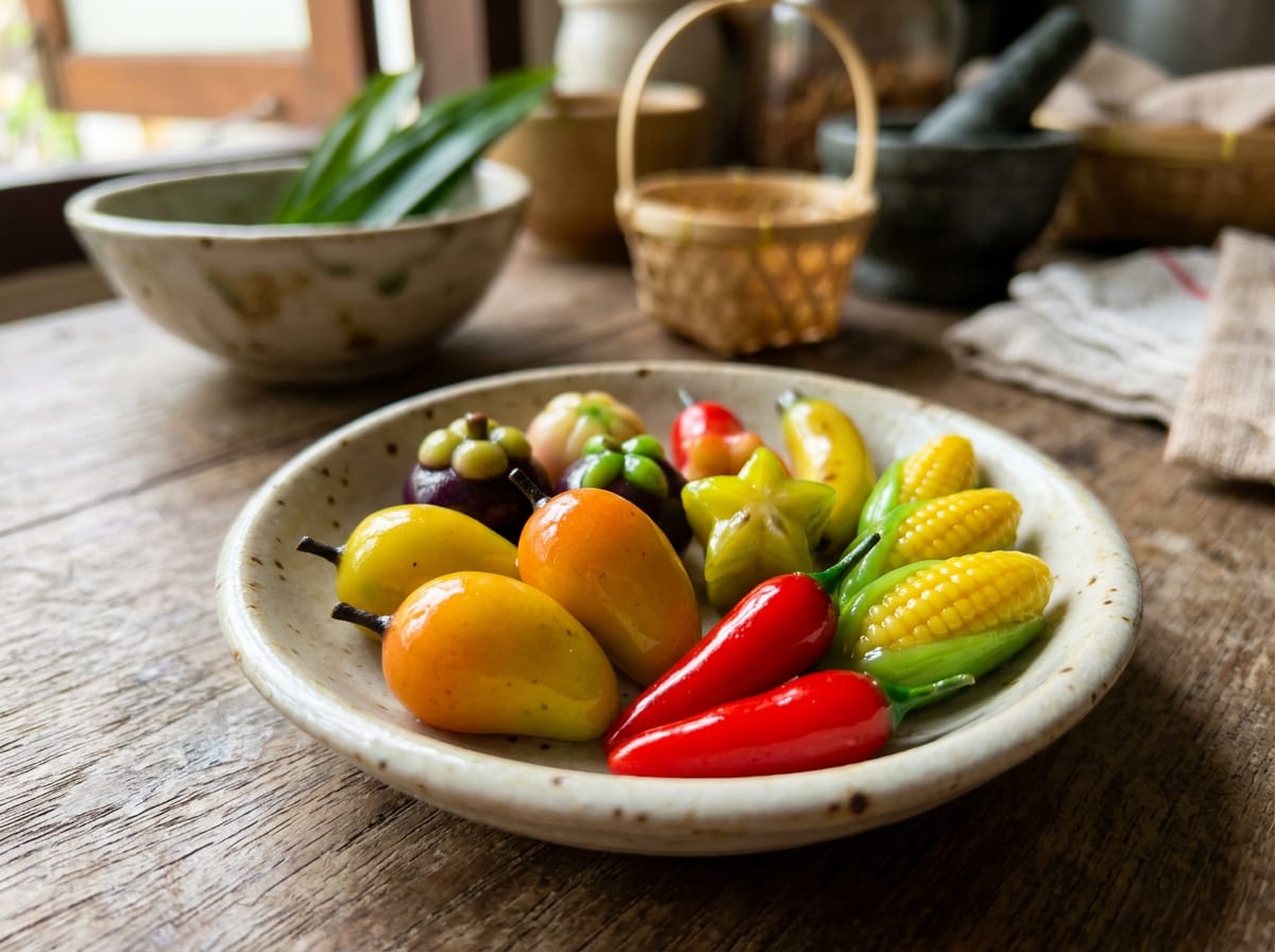 Miniature Thai luk chup shaped and painted to look like tiny mangoes, red chilies and corn cobs, arranged on a plate with their surfaces glossy from the agar glaze