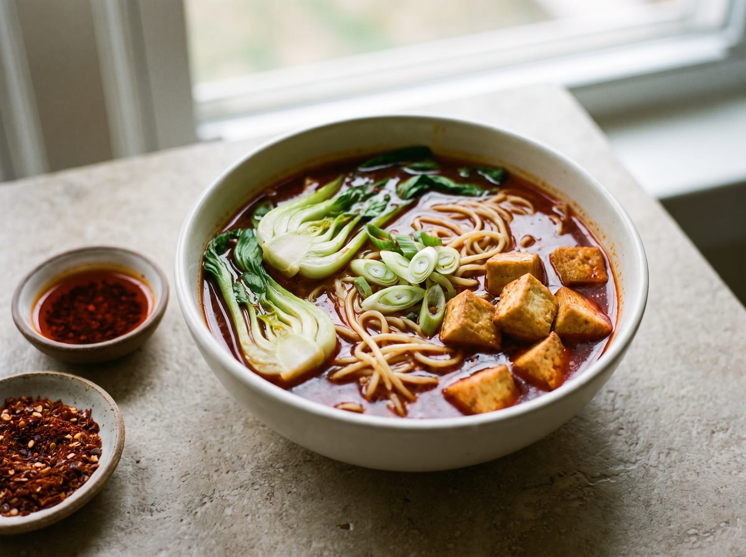 A bowl of Sichuan mala noodle soup with golden pan-fried tofu and bok choy in a deep red broth