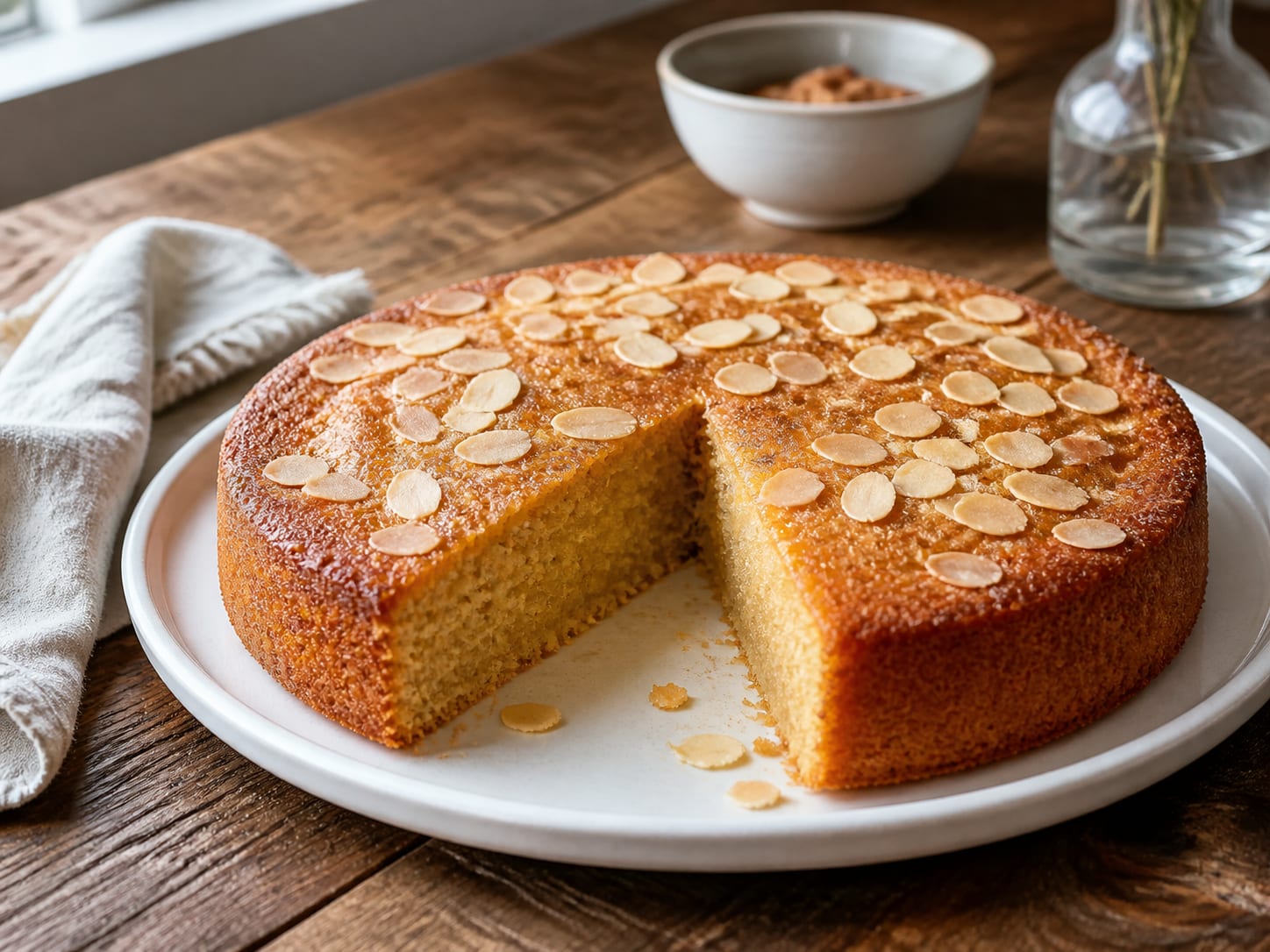 Mandel-Honig-Grieß-Kuchen, plated for serving