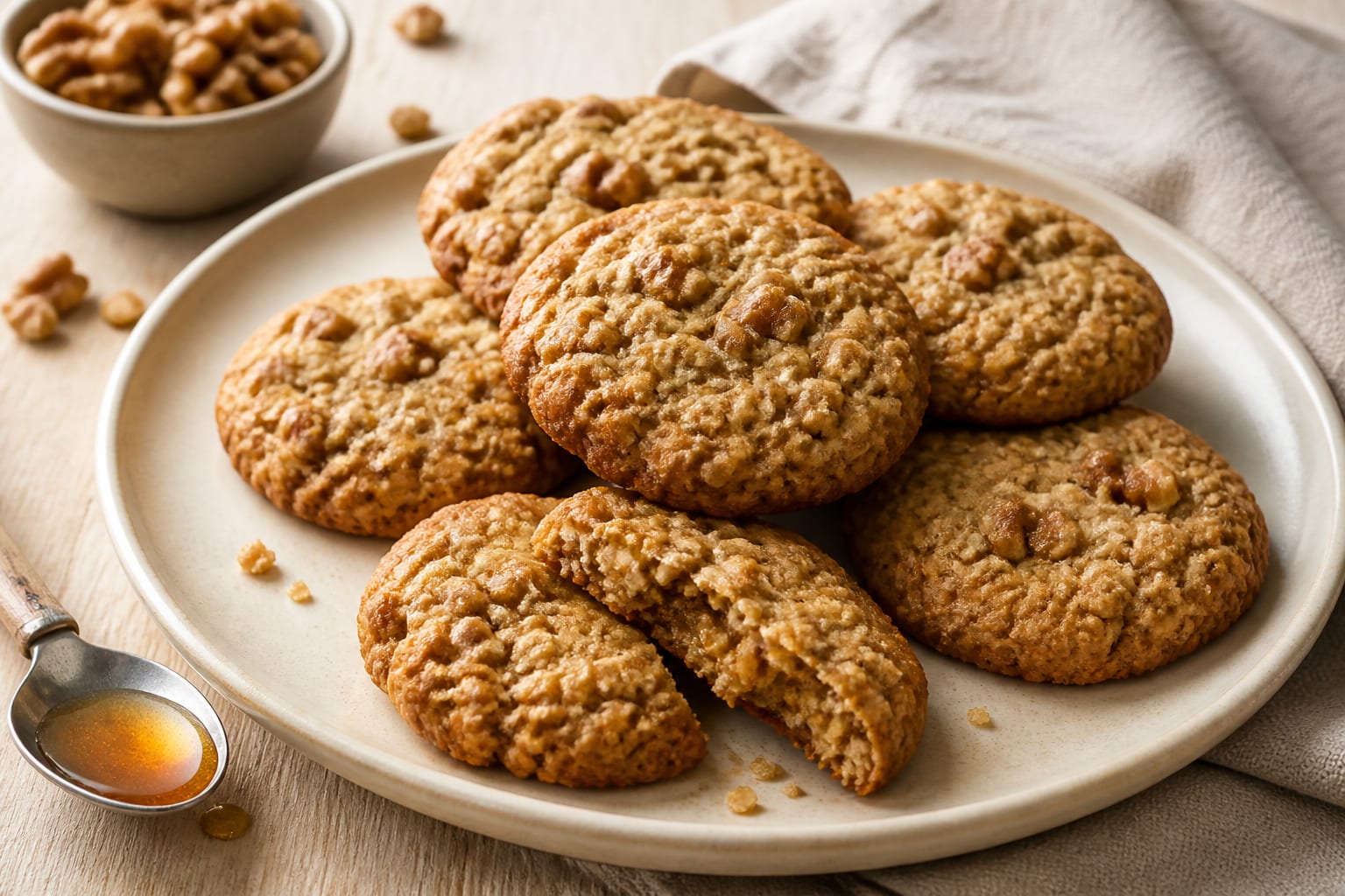 Maple-walnut oatmeal cookies arranged for serving