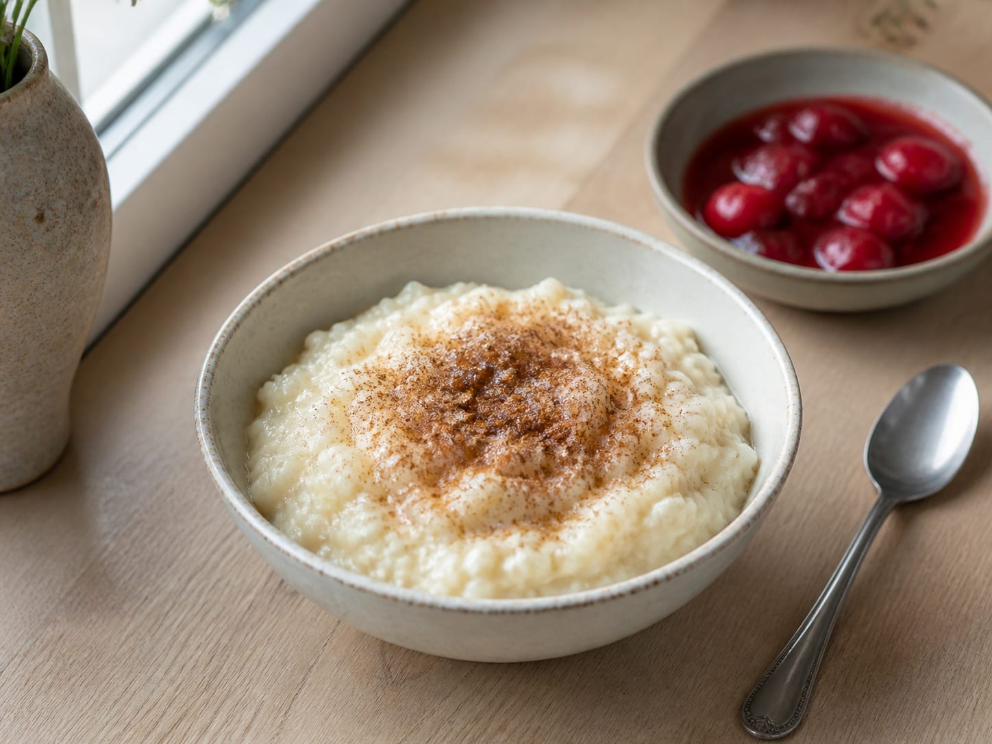 Marzipan-Milchreis, plated for serving