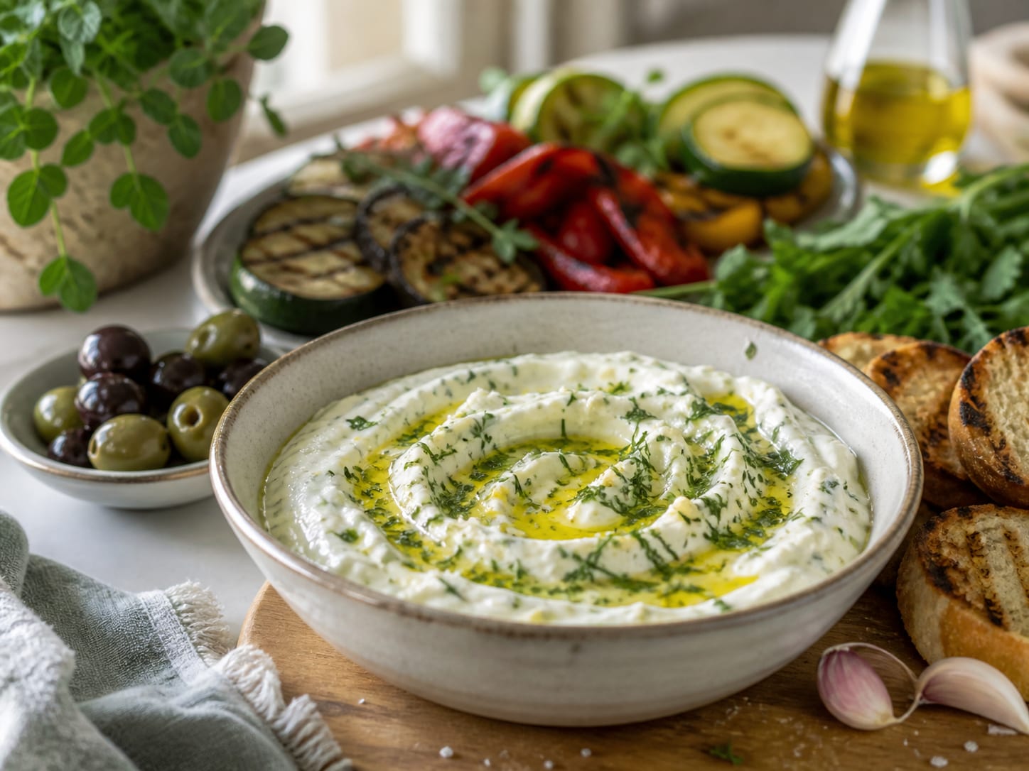 Mediterraner Dip zum Grillen, plated for serving