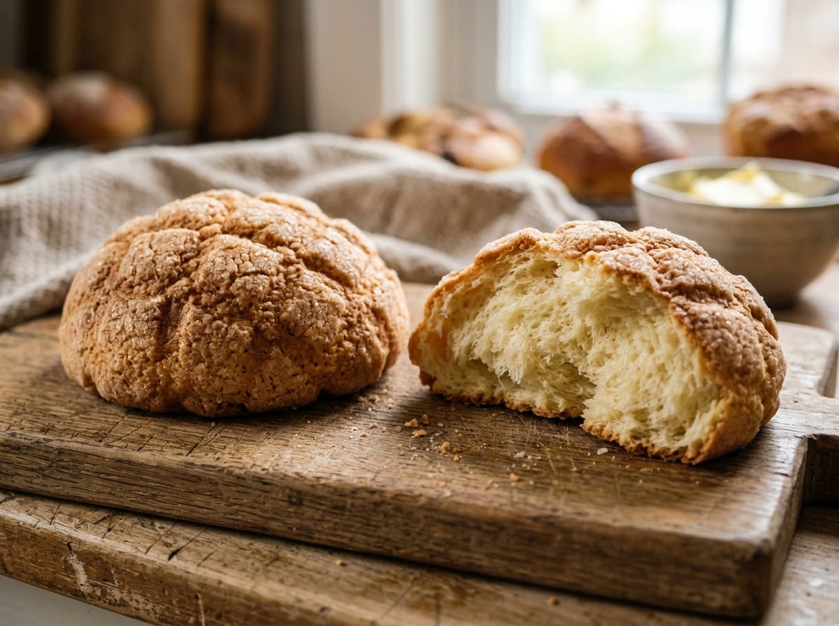 A row of golden Melonpan buns on a wire rack, their crosshatch-scored cookie shells cracked open and sugar-crusted, one broken in half to show the soft white crumb beneath