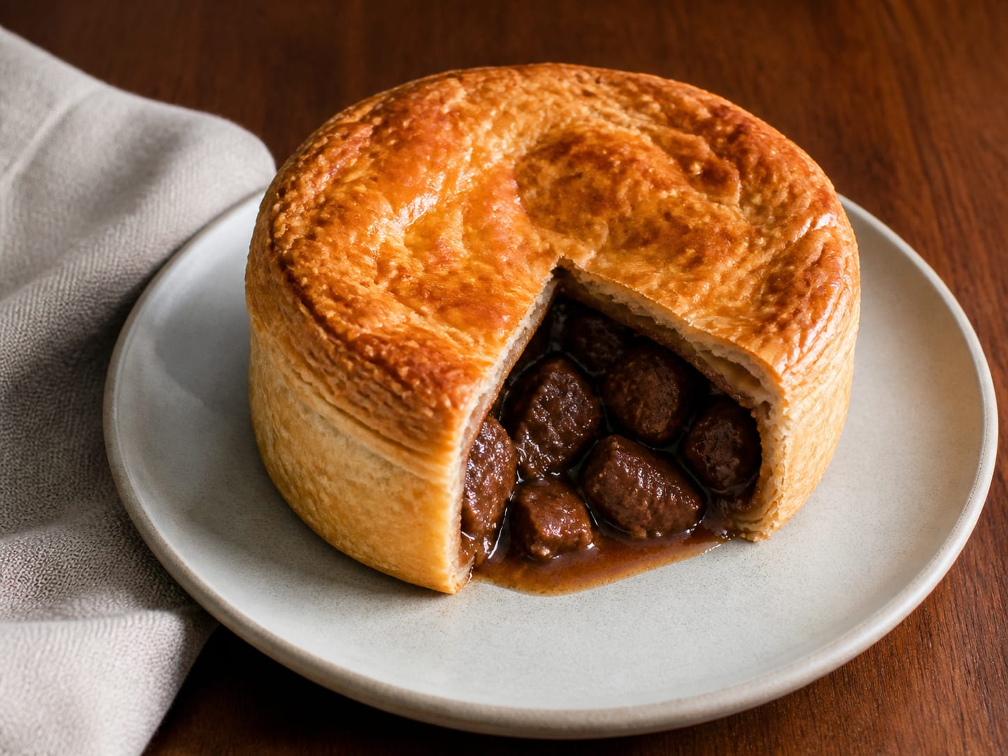 A tall golden suet pastry beef and ale pie cut open to show short rib, mushrooms, carrots, and dark gravy