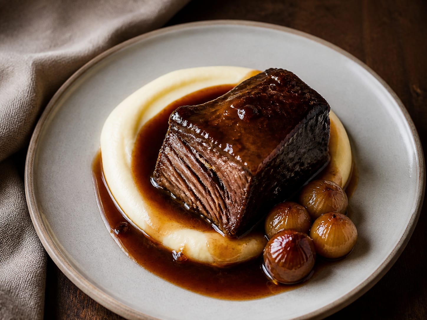 A glazed bone-in beef short rib on pale celeriac potato puree with red wine sauce