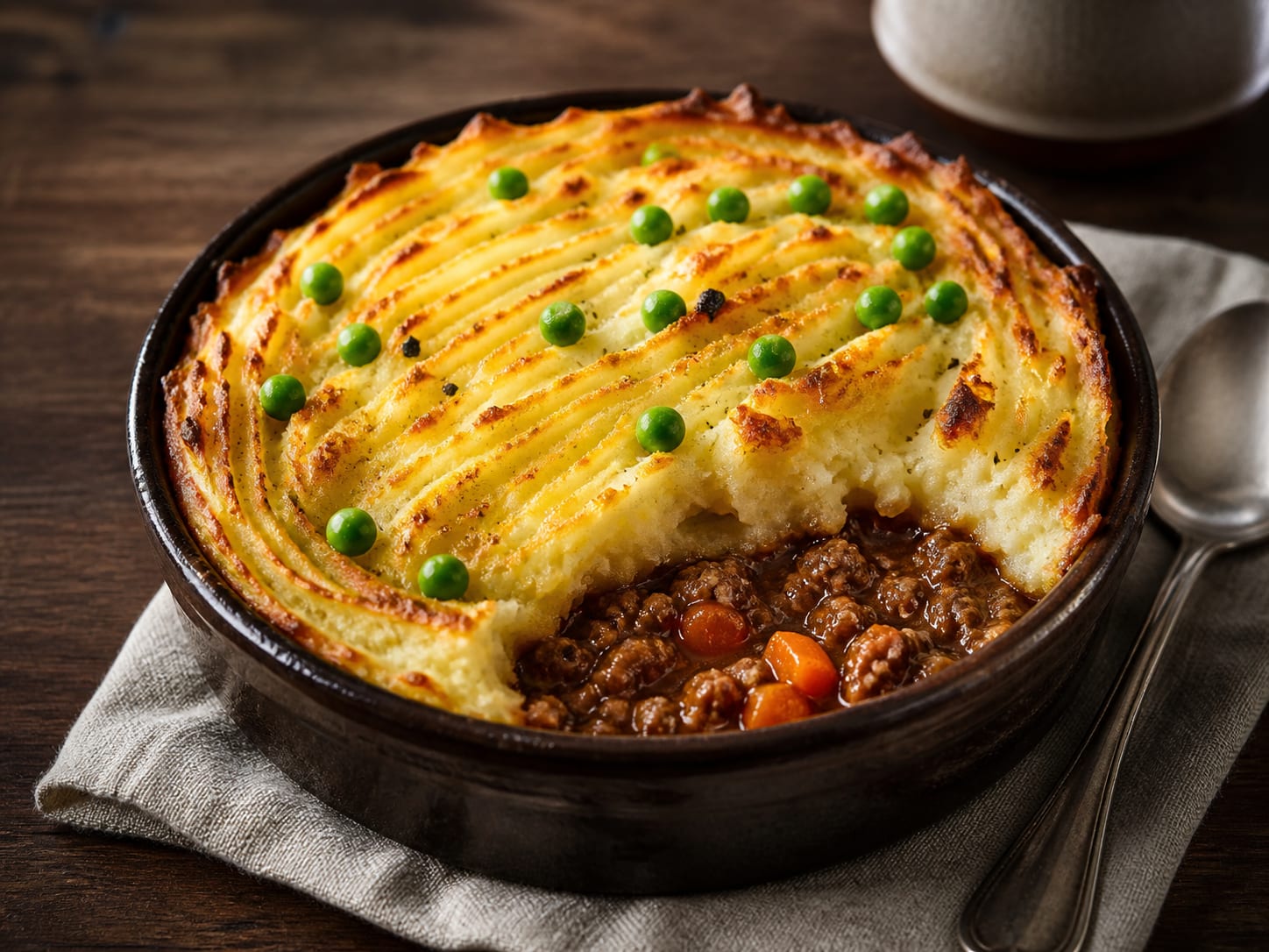 A deep cottage pie with piped golden duchesse potato peaks and rich pulled beef filling