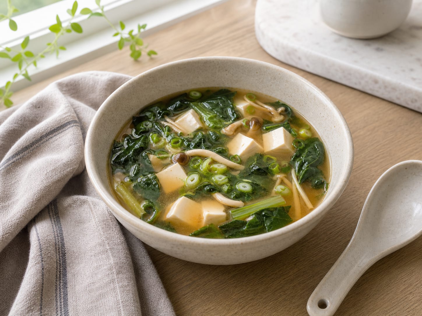 A cream bowl of miso soup with tofu cubes, wilted greens, sliced mushrooms, and scallions floating on top