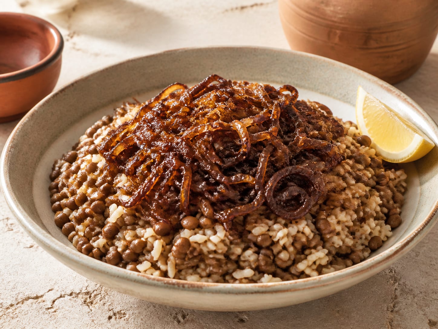 Moudjendra: Cypriot lentils, rice, and caramelised onions served as a natural-light editorial food photograph