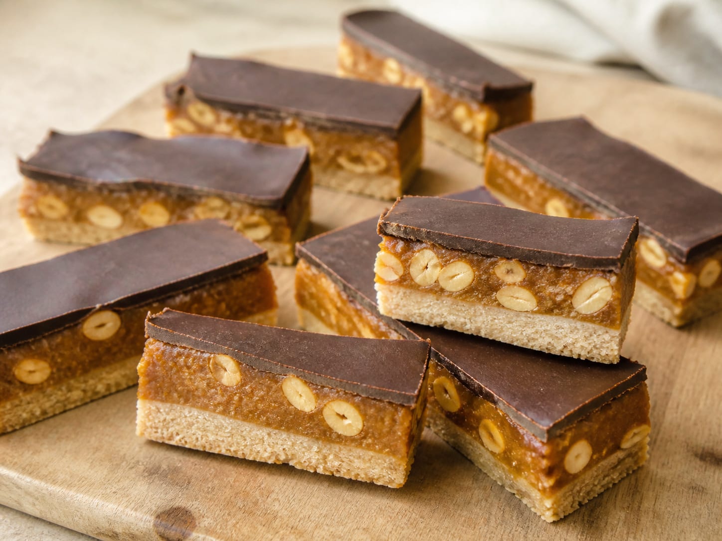 No-bake Snickers-style bars arranged for serving