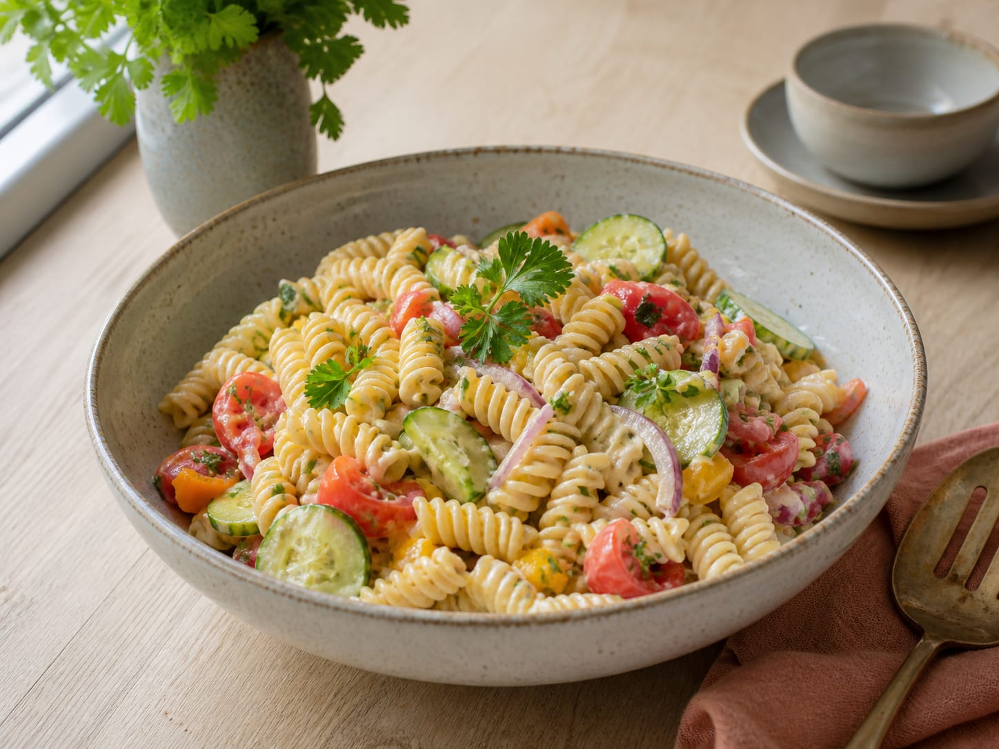 Nudel-Gemüse-Salat mit Aiolisauce, plated for serving