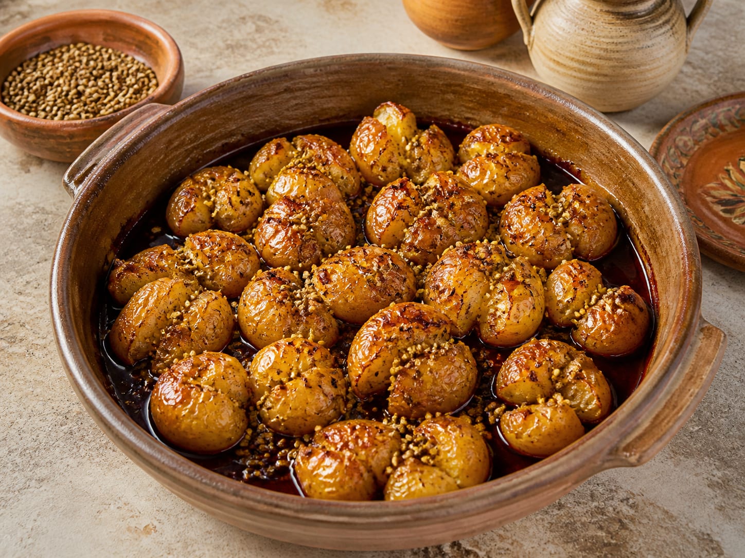 Patates antinahtes: Cypriot cracked coriander potatoes served as a natural-light editorial food photograph
