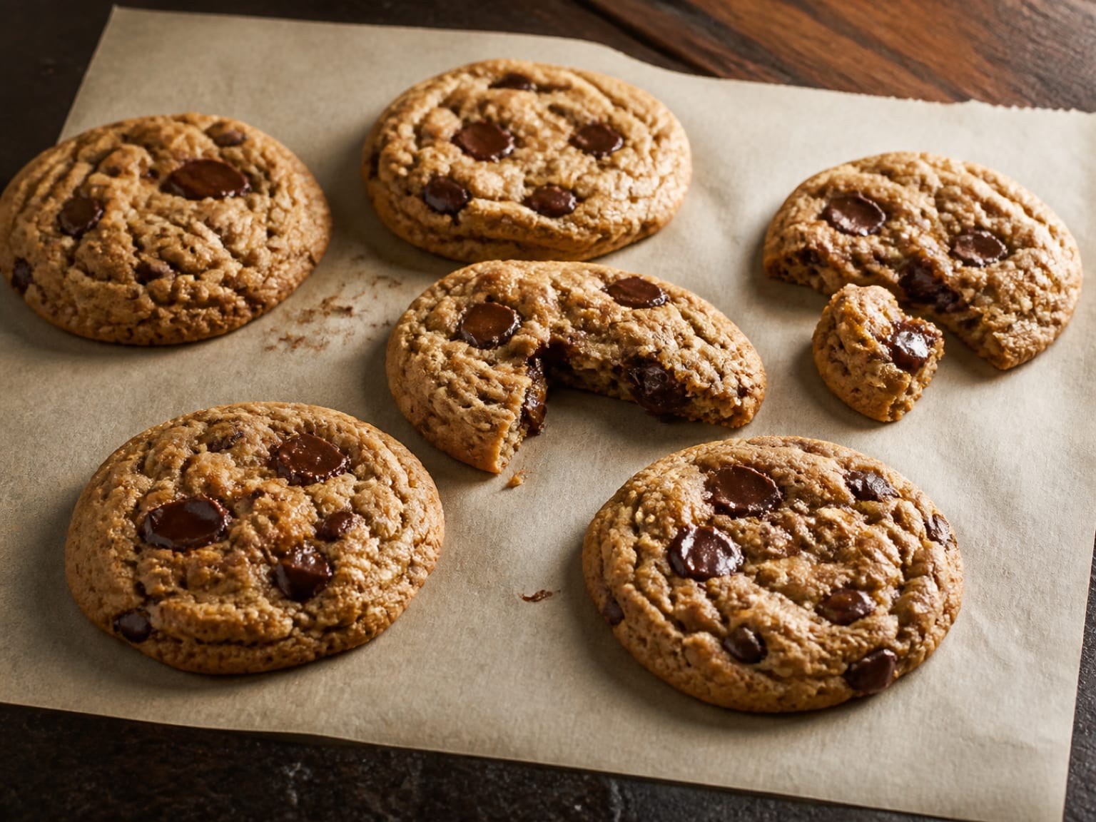 Large chewy peanut butter cookies with dark chocolate chunks and golden edges